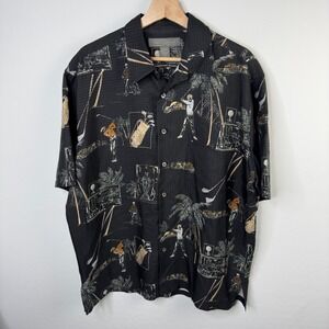 Tori Richard Palm Trees Villages Collage Men's Shirt Hawaiian Sz L 100% Silk